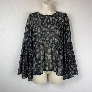 American Eagle Top Blouse Small Dark Floral Black Bell Sleeve Sheer Boho Fairy